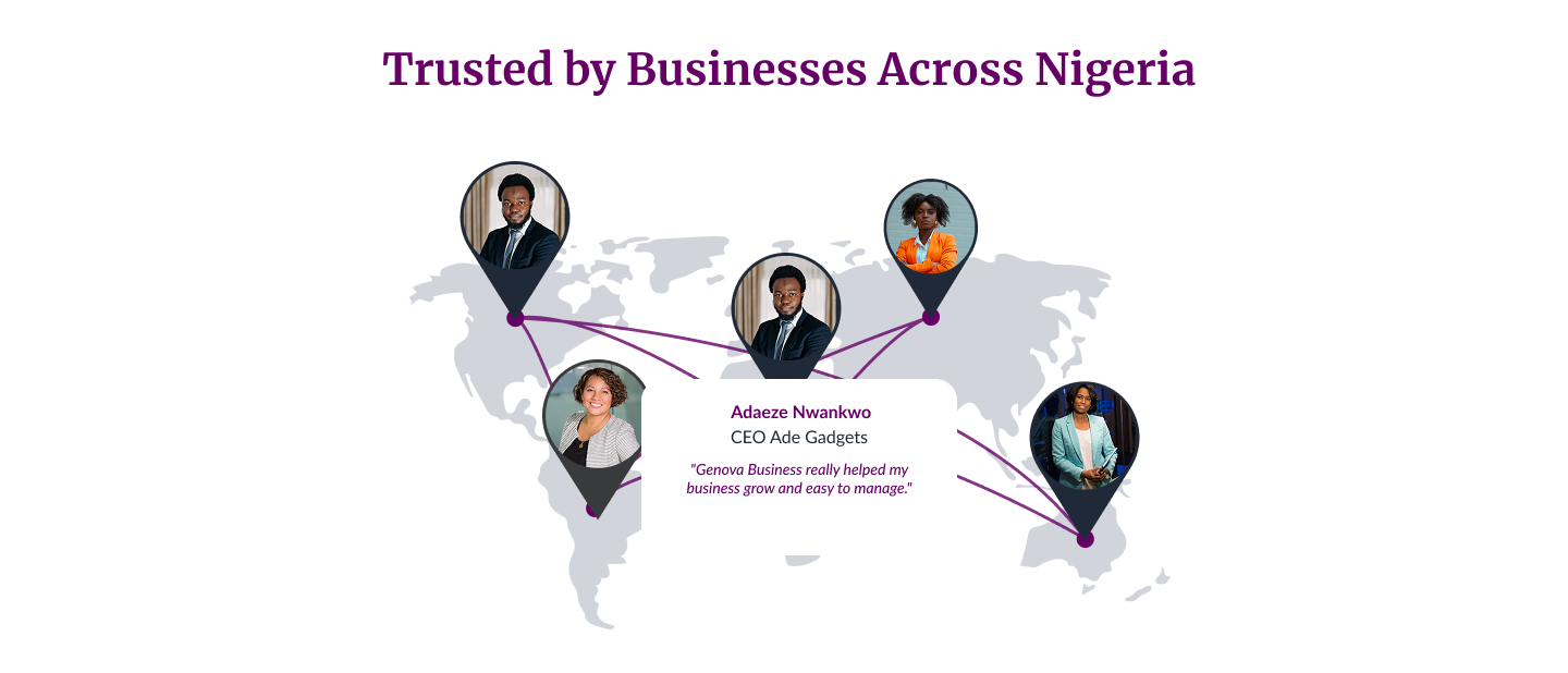 Testimonials map showing businesses across Nigeria